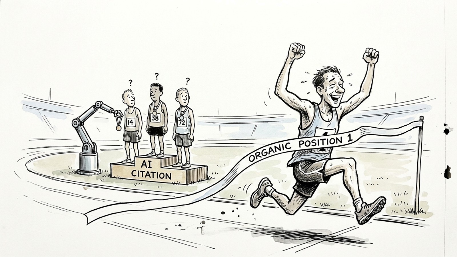 A runner celebrating at the Position 1 finish line while the AI Citation podium stands elsewhere.