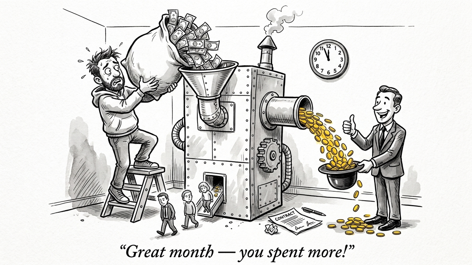 Cartoon: a founder pours cash into an ad machine that yields three customers, while coins gush into a grinning agency rep's hat: "Great month — you spent more!"