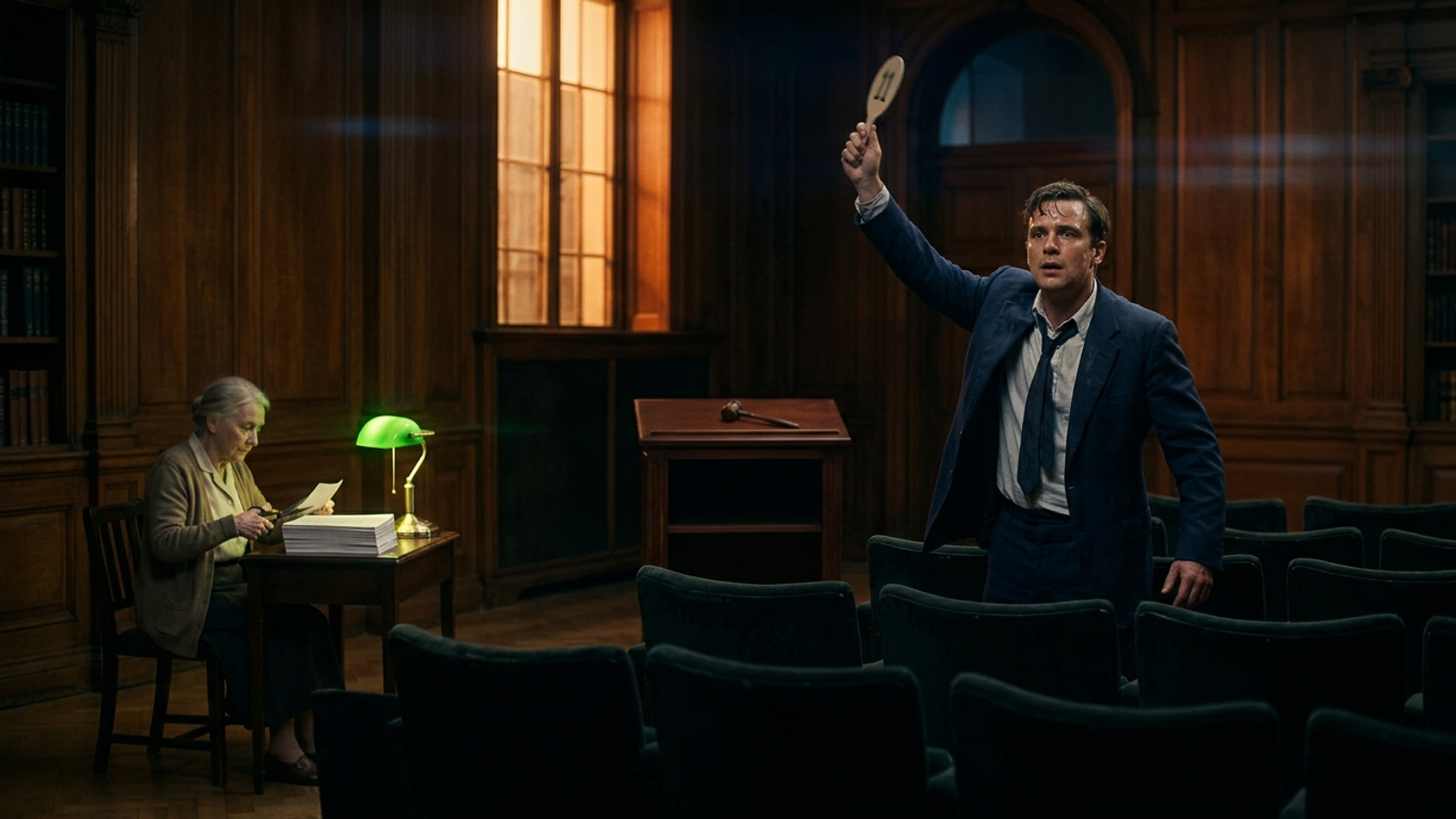 A man frantically raises an auction paddle at an empty podium while an archivist calmly snips one paragraph to quote—money can't buy an AI citation.