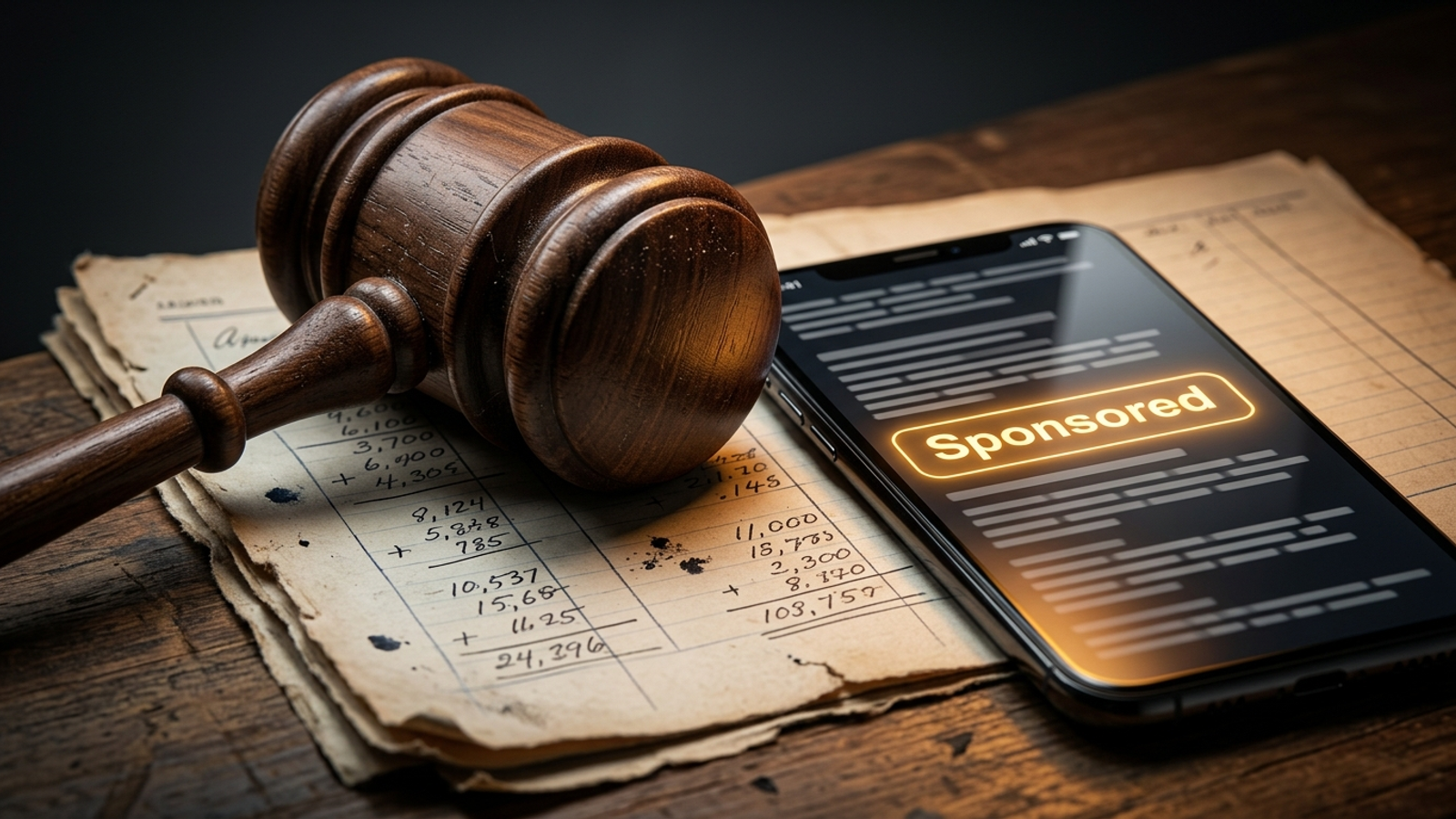 An auction gavel and ledger beside a phone displaying sponsored search results.