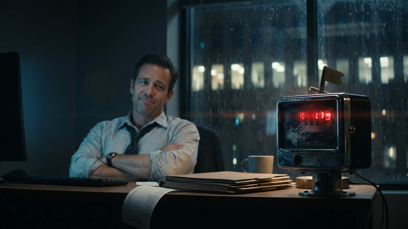 A weary agency owner eyes a taxi meter ticking on his desk, a jab at AEO tools that charge more per prompt as clients grow.