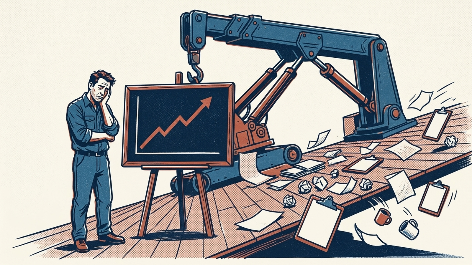 A presentation chart rises while a crane tilts the room around it.