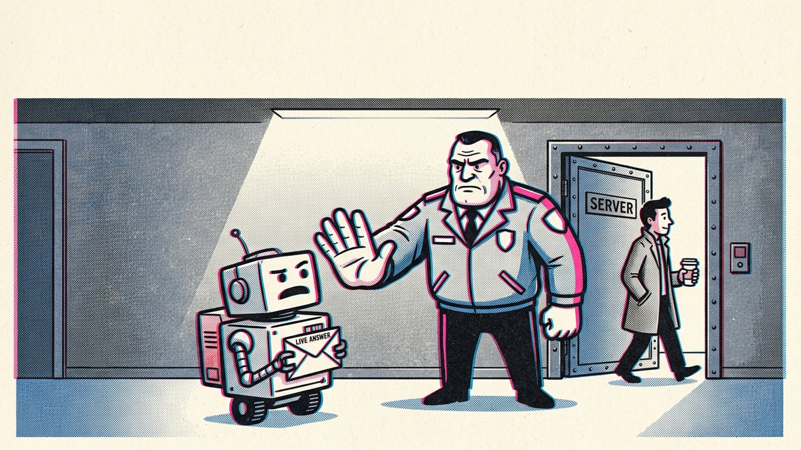 A bouncer blocks a robot messenger at a server door while a human visitor passes through