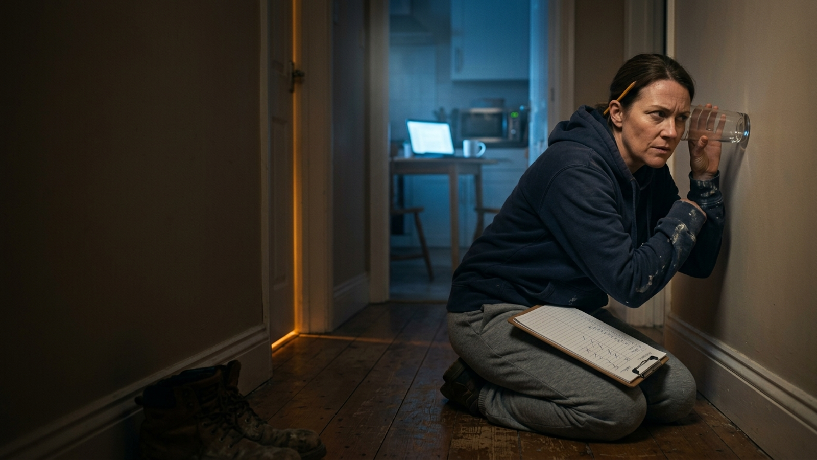 A small-business owner kneels in a dark hallway at night, pressing a drinking glass to the wall to hear whether anyone is saying her name.