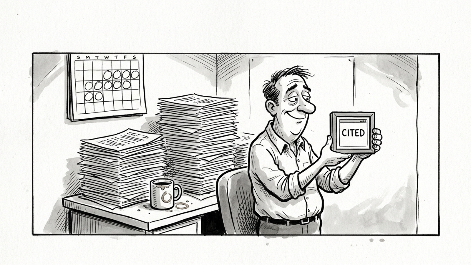 Pen-and-ink cartoon of a marketer studying one framed citation screenshot while repeated test logs pile up behind