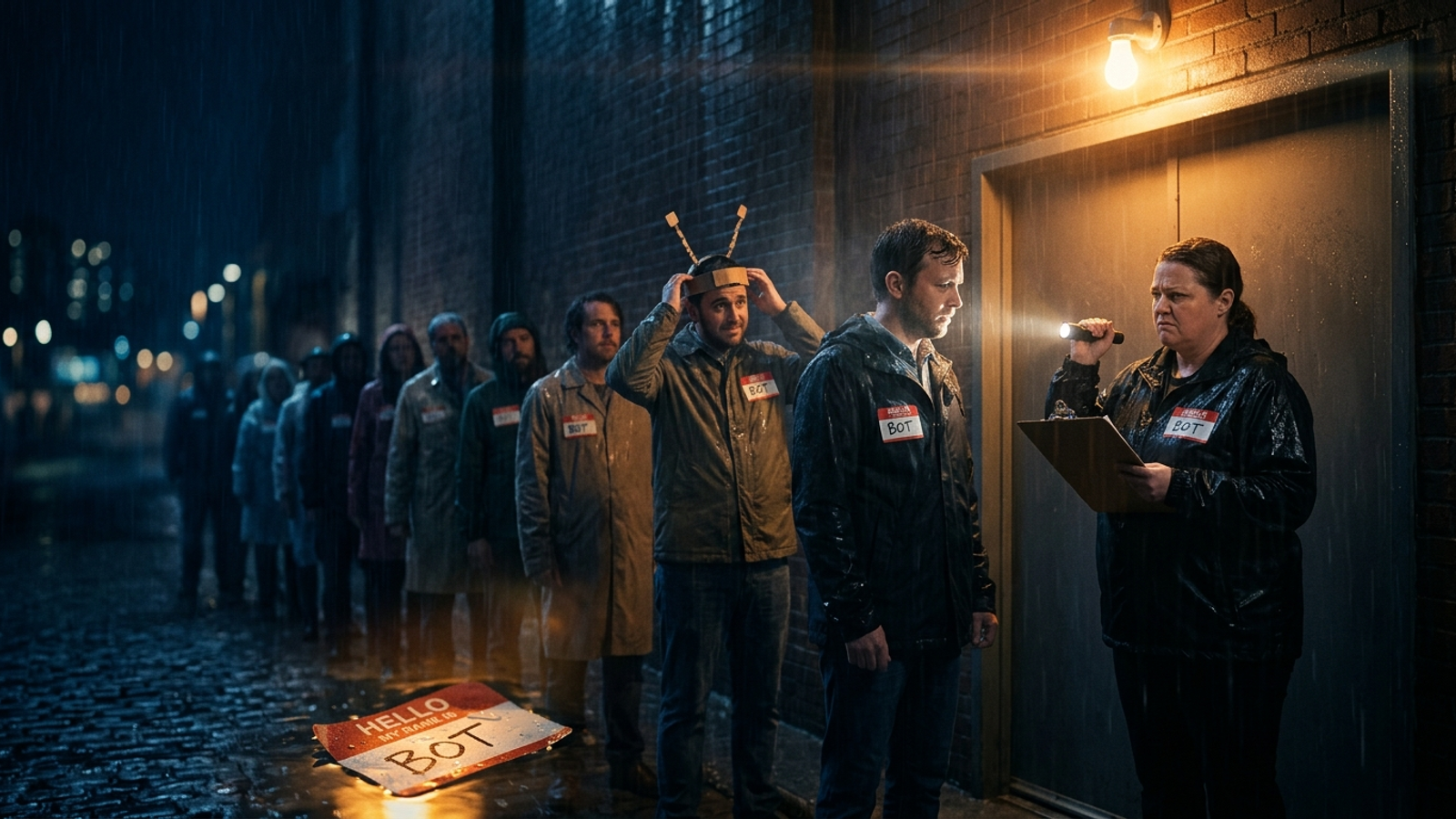 A bouncer checks IDs at a night door while a long queue of people all wear 'BOT' name stickers, implying most claimed bot visitors are impostors.
