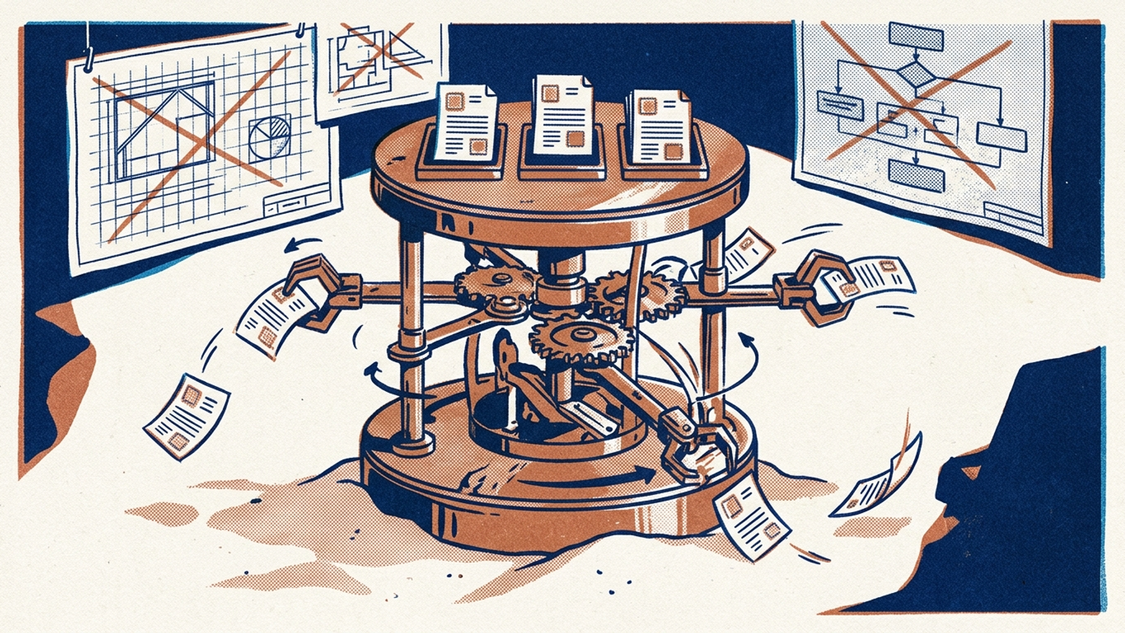 Risograph illustration of a brass carousel on shifting sand, scattering source cards beneath obsolete blueprints.