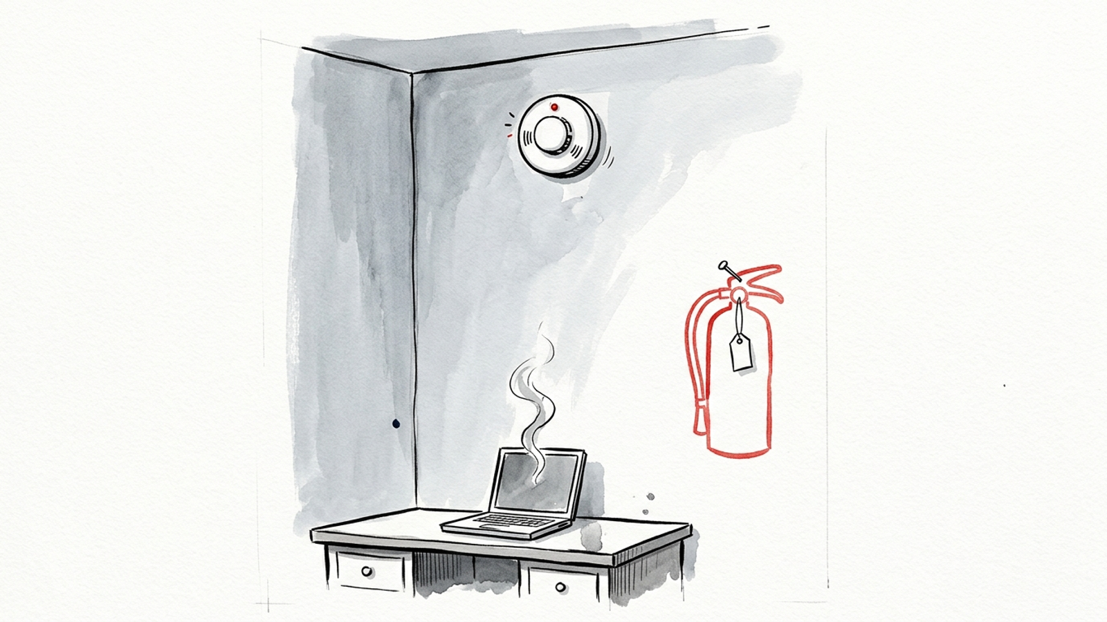 Smoke alarm on a wall above a small office fire, with no extinguisher in sight
