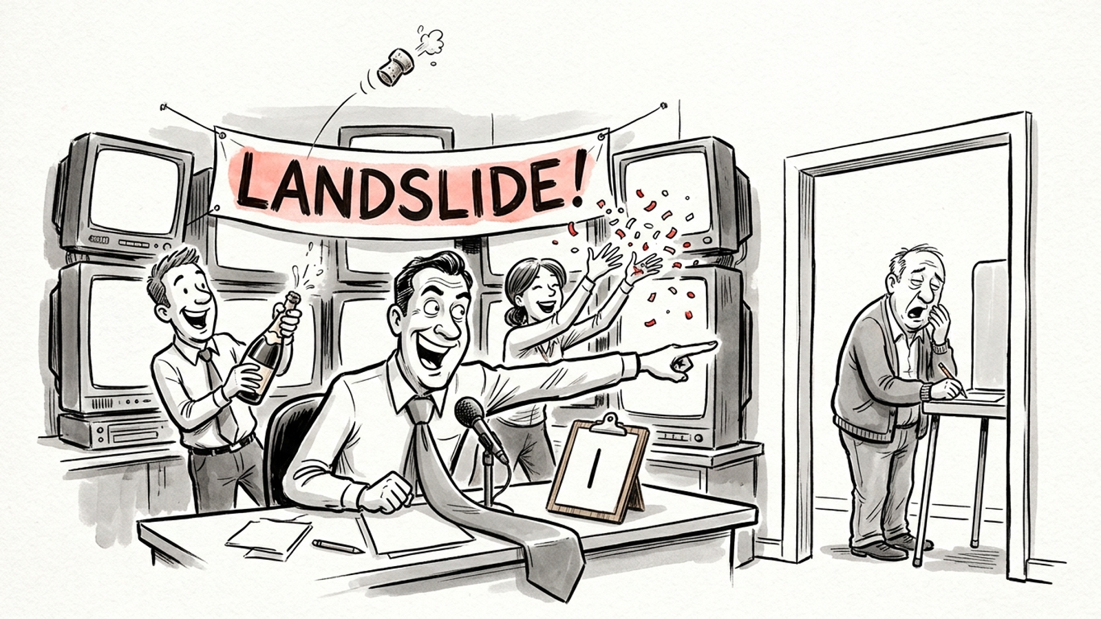 Cartoon newsroom celebrates a 'LANDSLIDE!' while the whole electorate is one yawning voter: a confident result from a sample of one.