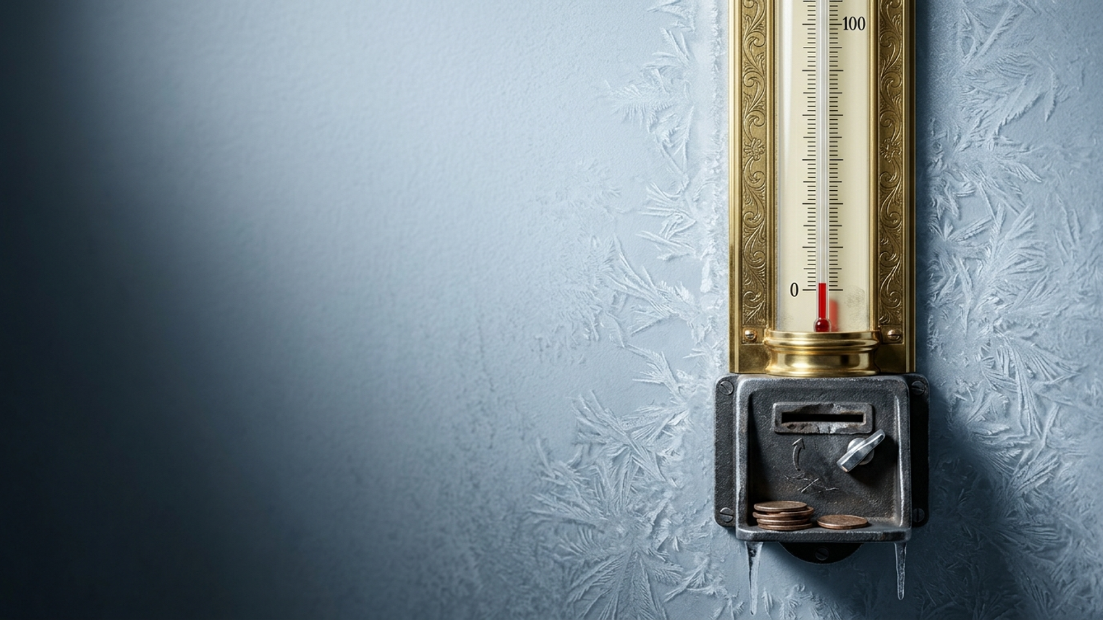 A polished brass thermometer reading near zero, fed by a coin meter, on a frost-covered wall: paying rent to measure the cold instead of fixing it.