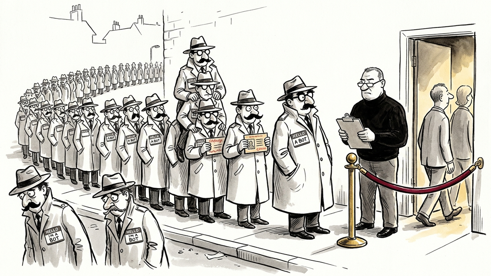 Cartoon bouncer checks a huge queue of disguised figures wearing 'HELLO I'M A BOT' stickers; only a few real ones get past the rope.
