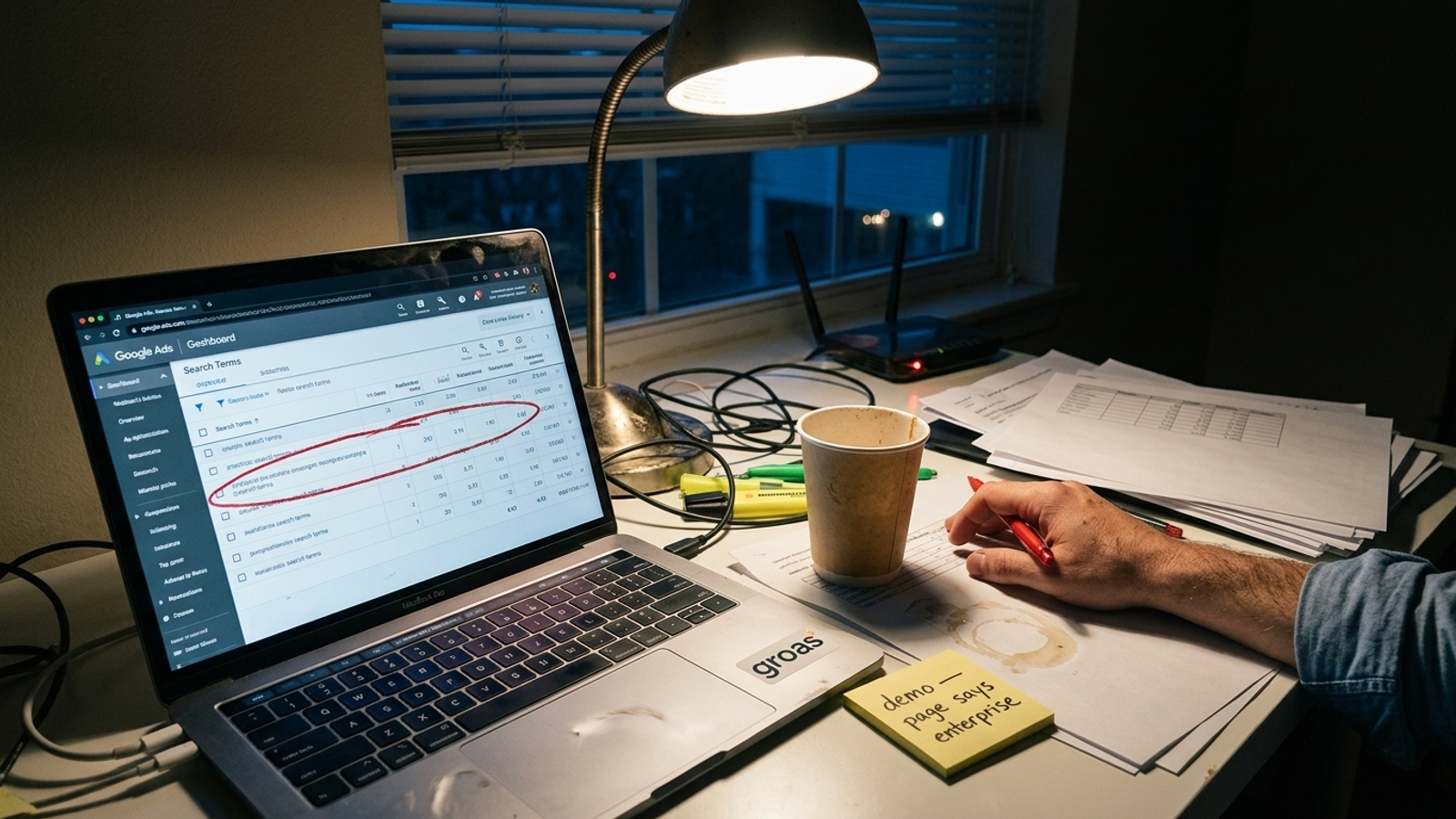 Search terms open on a laptop beside cold coffee and notes about mismatched ads and landing pages