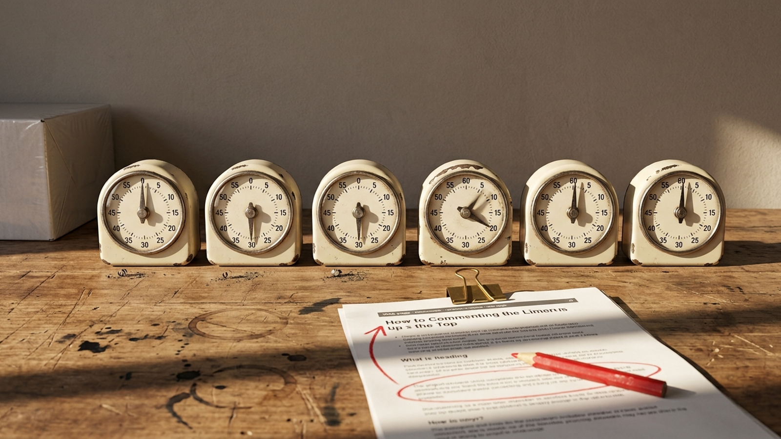 Six kitchen timers set to four hours sit beside a printed web page marked up in red pencil, while a sealed, unopened software box is shoved aside.
