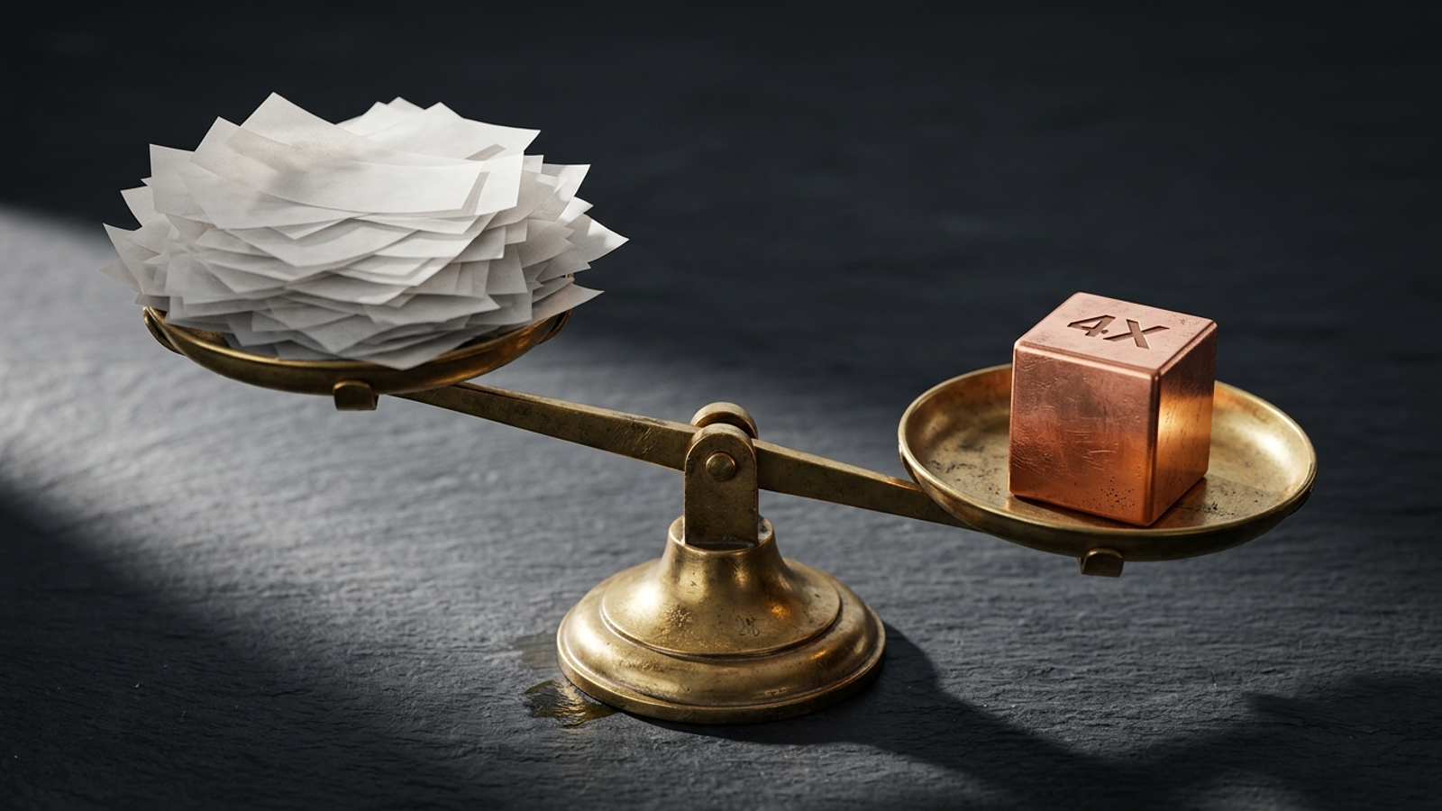 A single brass weight marked 4X outweighs a pile of paper slips on a balance scale