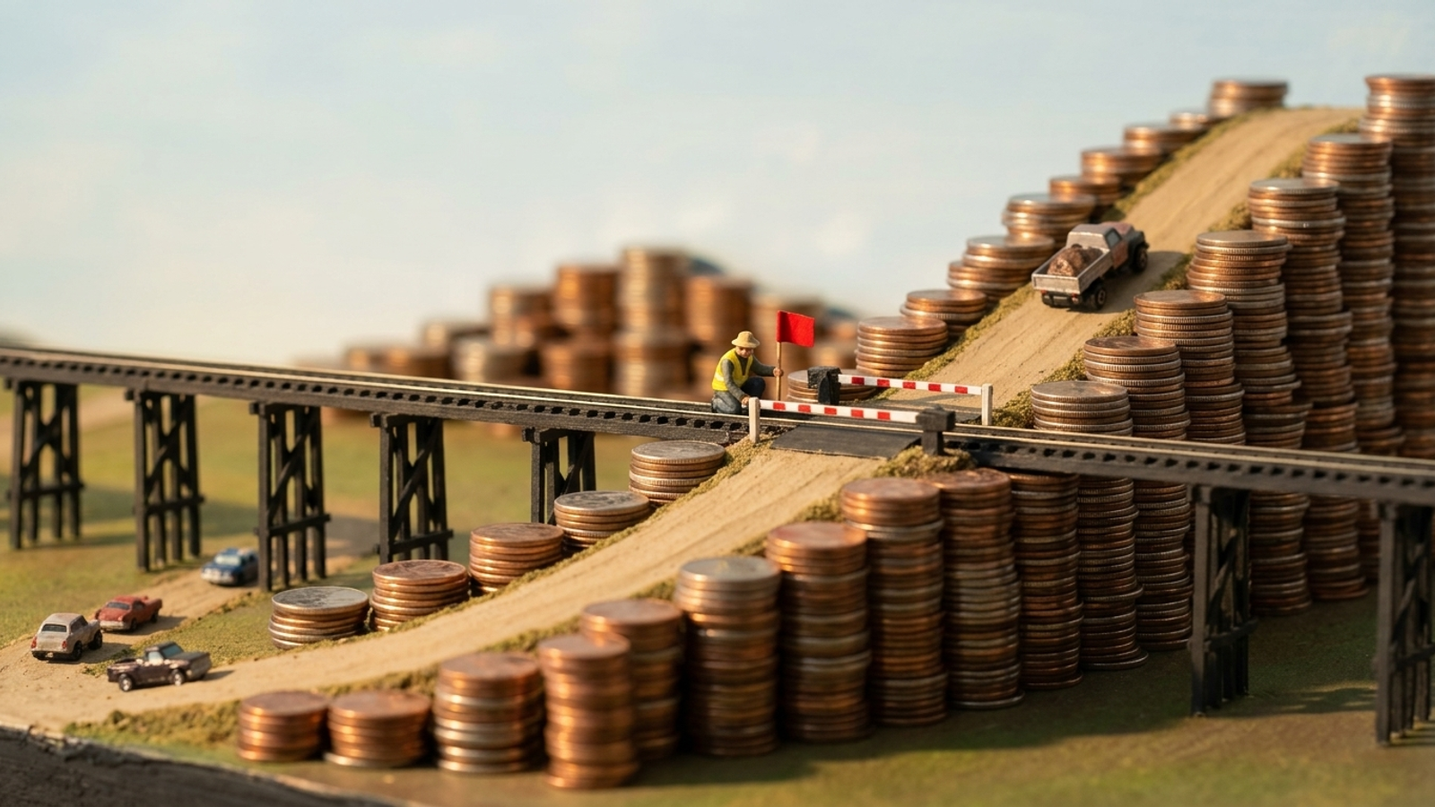 Model landscape: a flat railway and a road climbing a hill of coin stacks cross where a tiny surveyor plants a red flag, marking the fee break-even point.