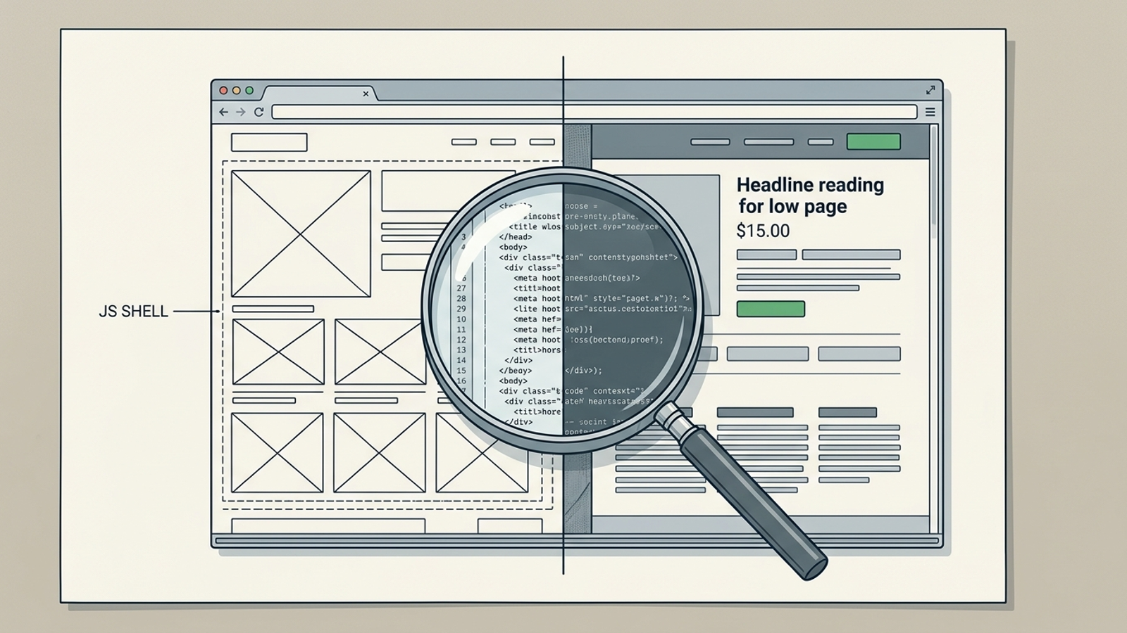 Cutaway of a web page contrasting an empty JavaScript shell with full HTML and readable answer text