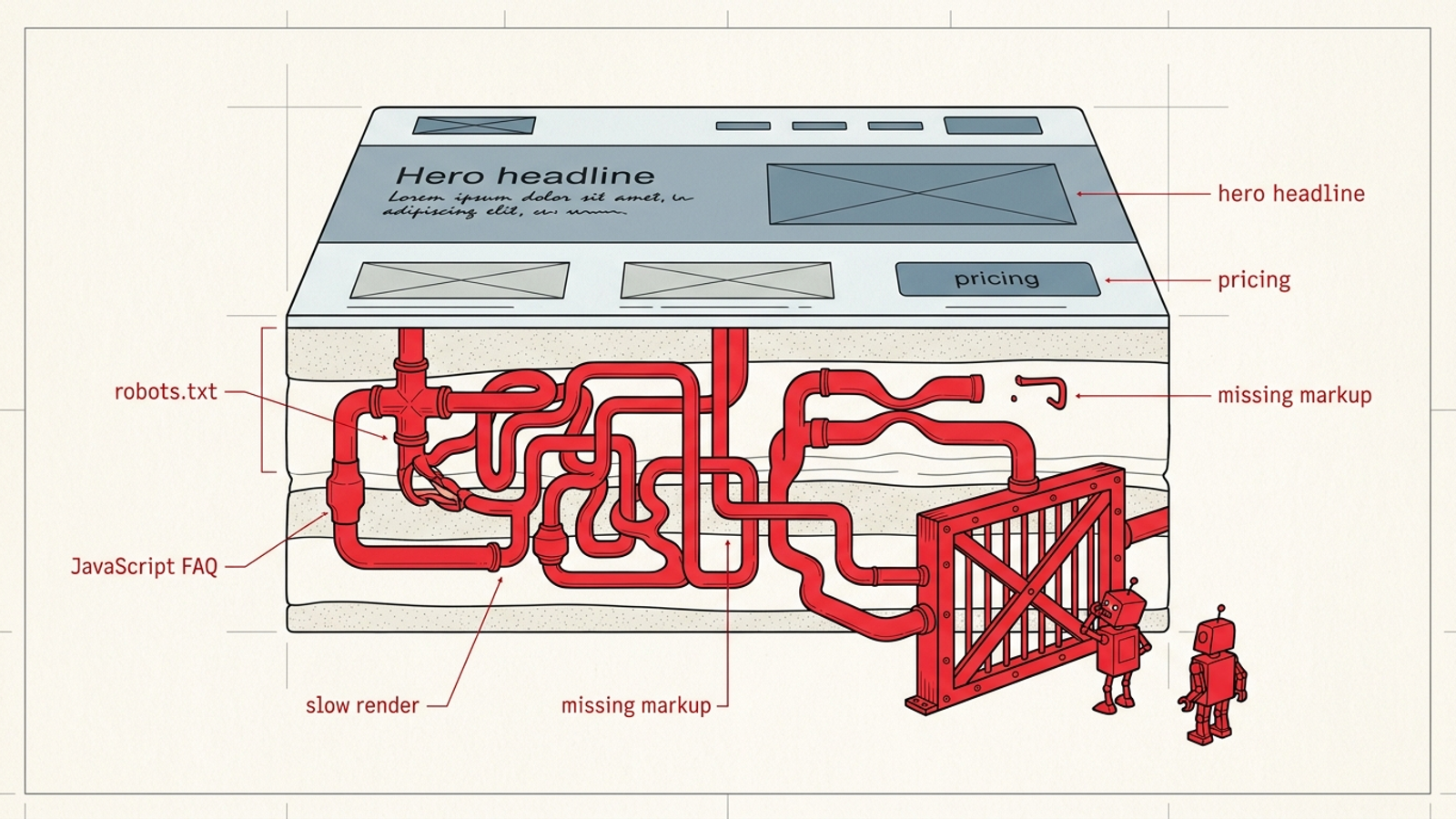 Cutaway diagram of a landing page showing crawler blocks and FAQ text hidden beneath the visible page