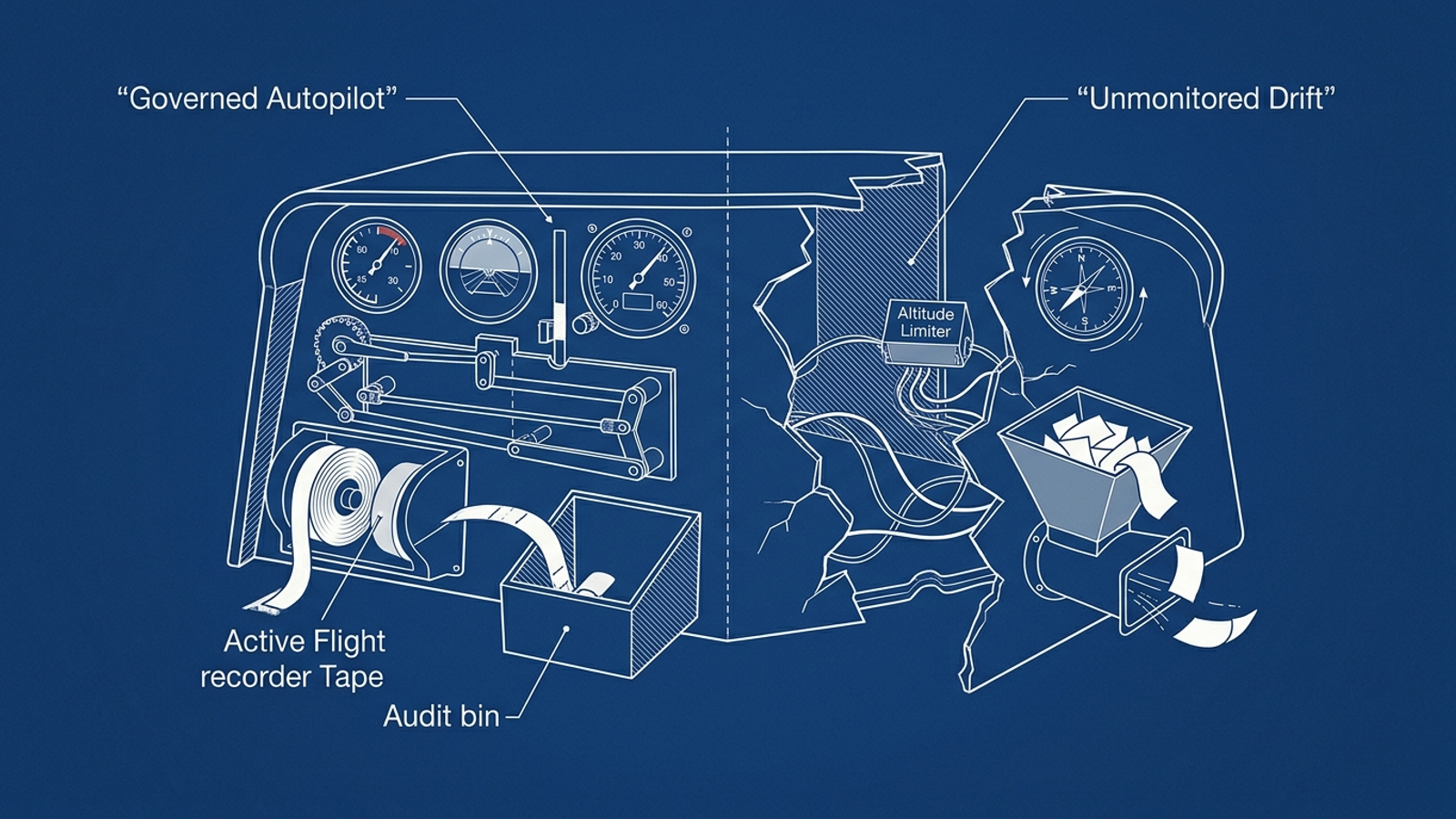 Cutaway diagram contrasting a monitored automated ad system with an unmonitored failure