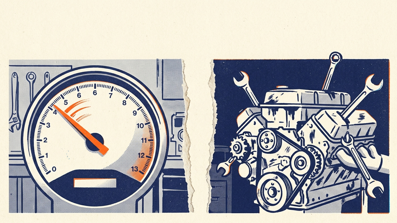 Speedometer beside engine work, illustrating AI SEO monitoring versus execution