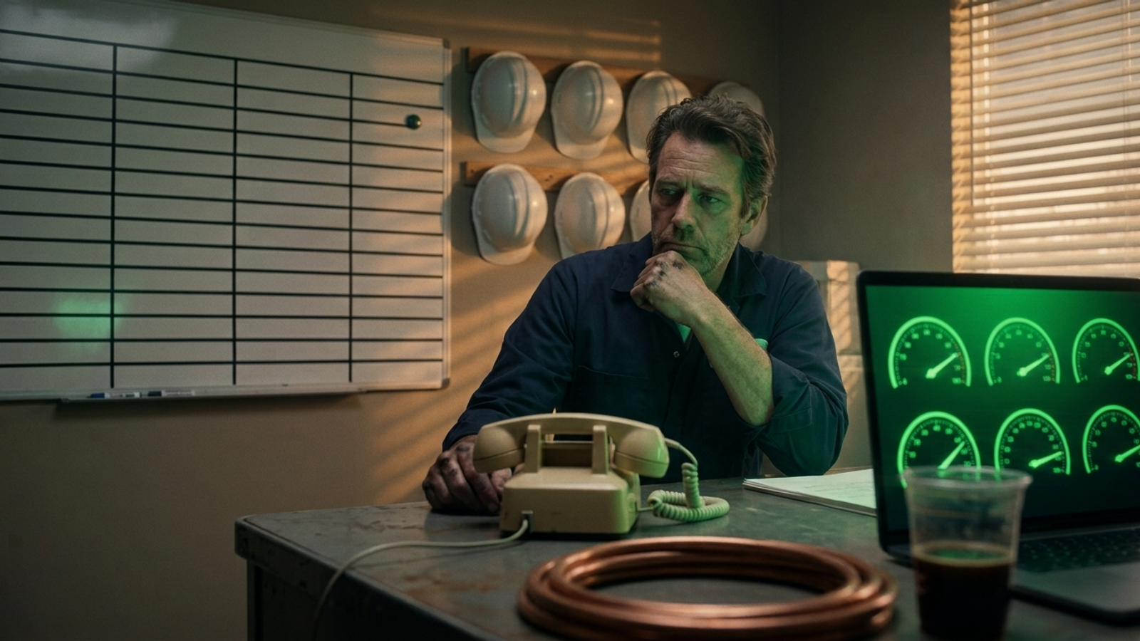 A plumber sits beside a silent desk phone and empty dispatch board while his laptop glows green with every gauge maxed out: perfect score, no calls.