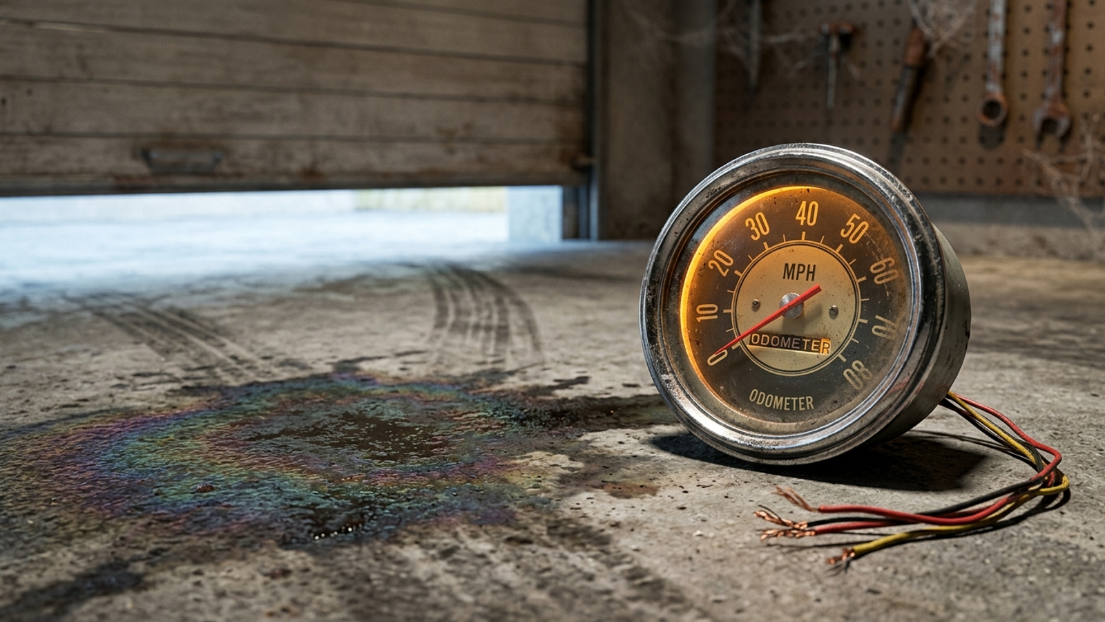 A glowing speedometer with cut wires sits alone on a garage floor beside the oil stain of a missing car, measuring a car that isn't there.
