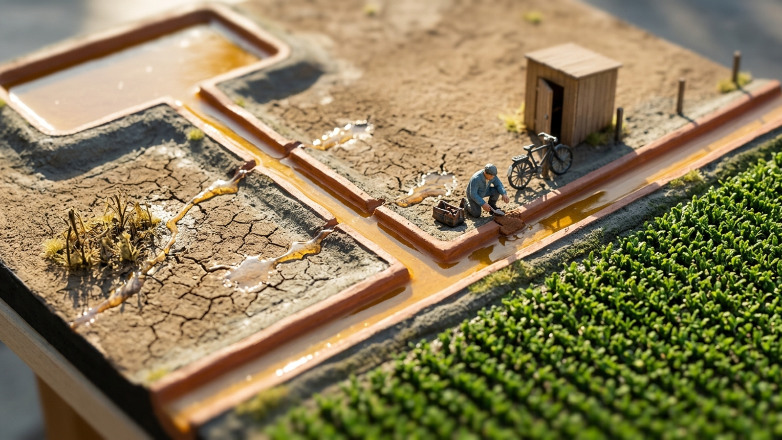 A tiny worker patches a leaking canal in a model farm, where golden water seeps from small cracks before reaching the crops: growth from plugging leaks.