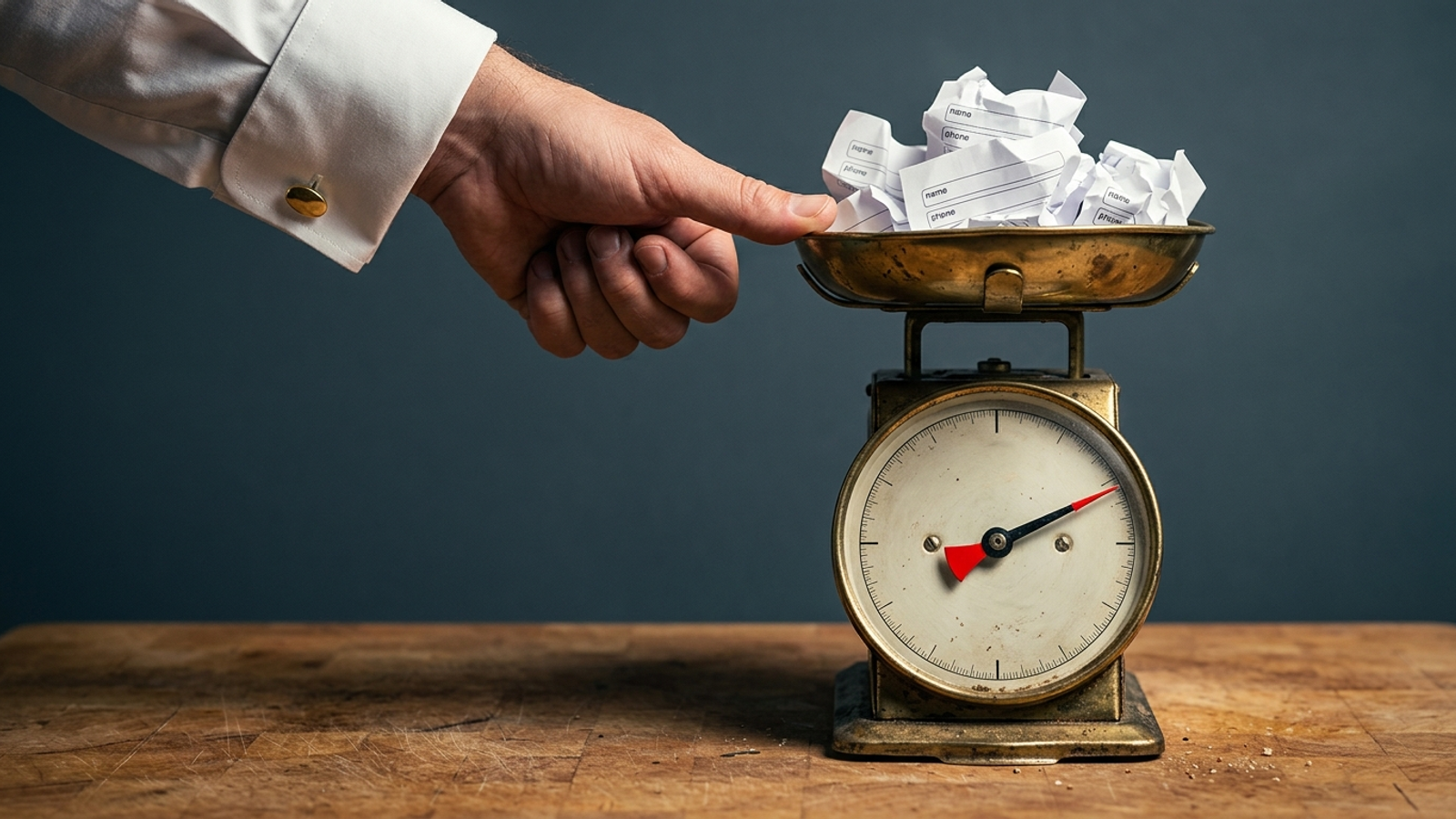 A suited hand presses its thumb on a brass scale holding crumpled blank forms, sending the needle soaring: a rigged way of counting results.