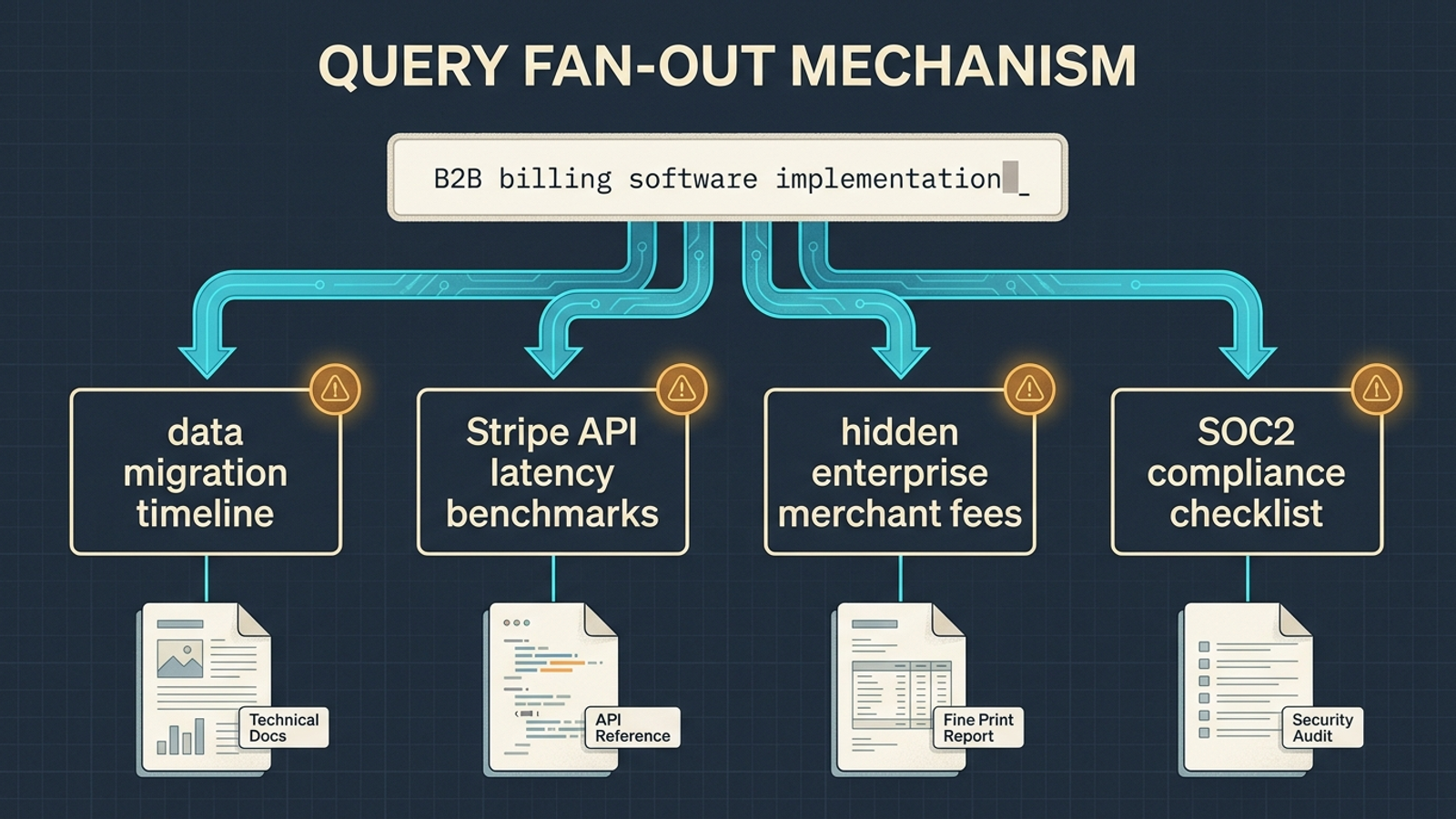 Infographic showing one search query branching into related questions and source paths.