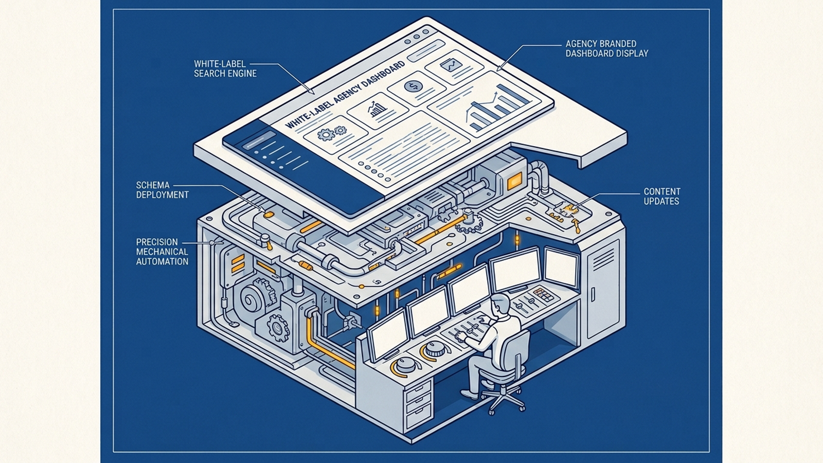 Three layers of white-label delivery behind an agency dashboard.