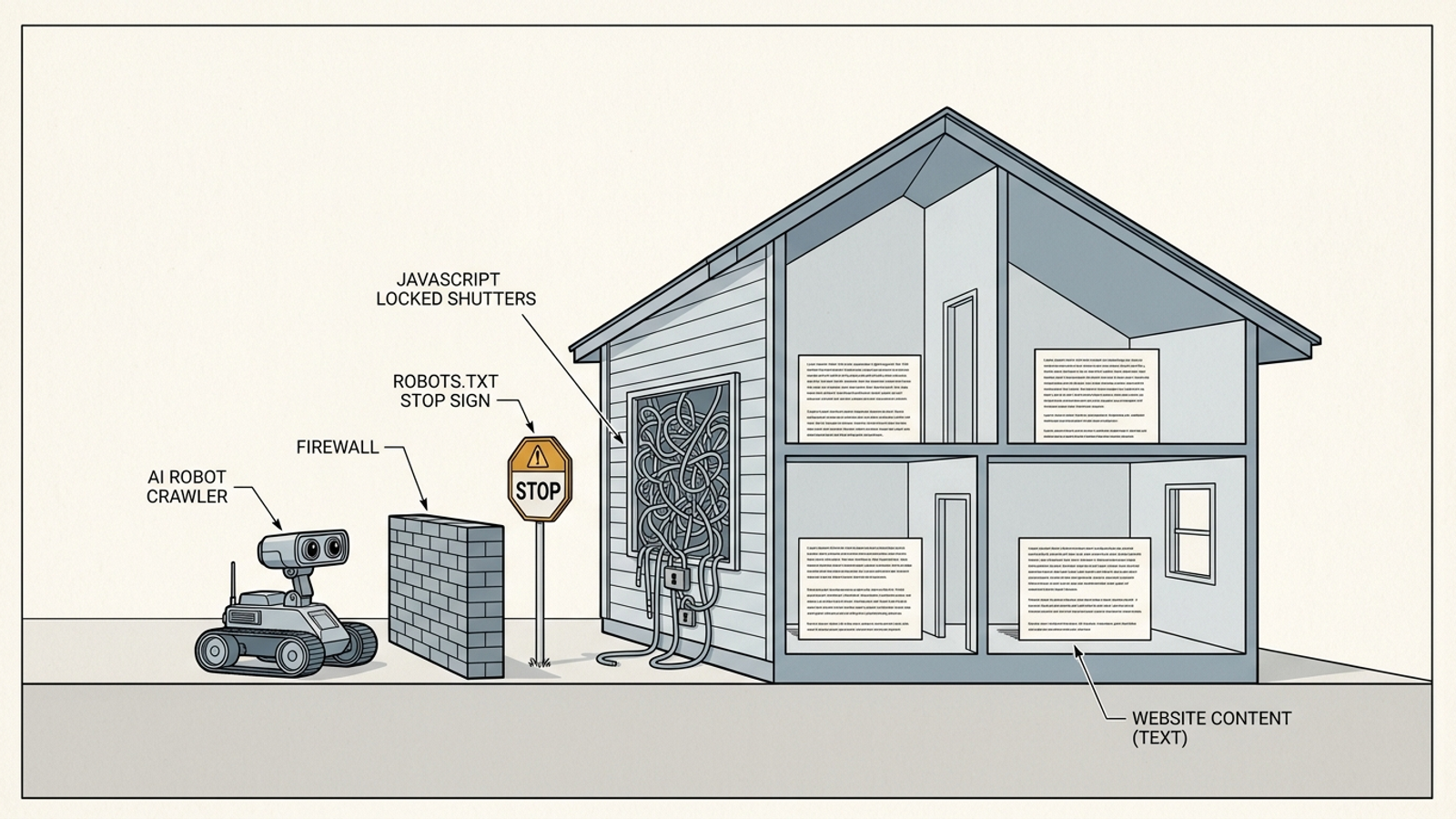 Cutaway showing an AI crawler blocked by a firewall, with page content hidden behind JavaScript