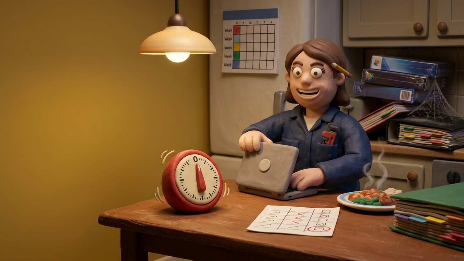 Clay figure of a small-business owner shutting her laptop as a kitchen timer rings, ignoring a pile of unopened software boxes: two hours, then done.