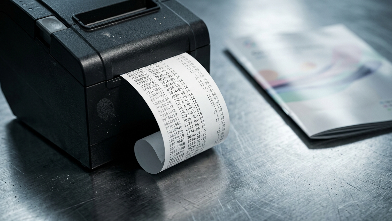 Mechanical receipt printer issuing a tape with clear printed numbers beside a blurred corporate brochure.