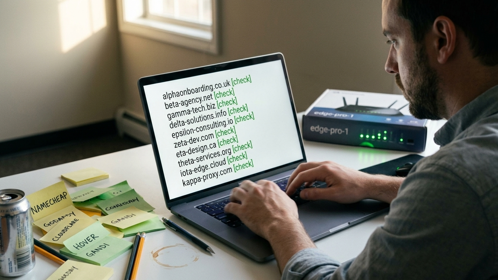 Agency desk with a laptop set up to route client domains through an edge proxy