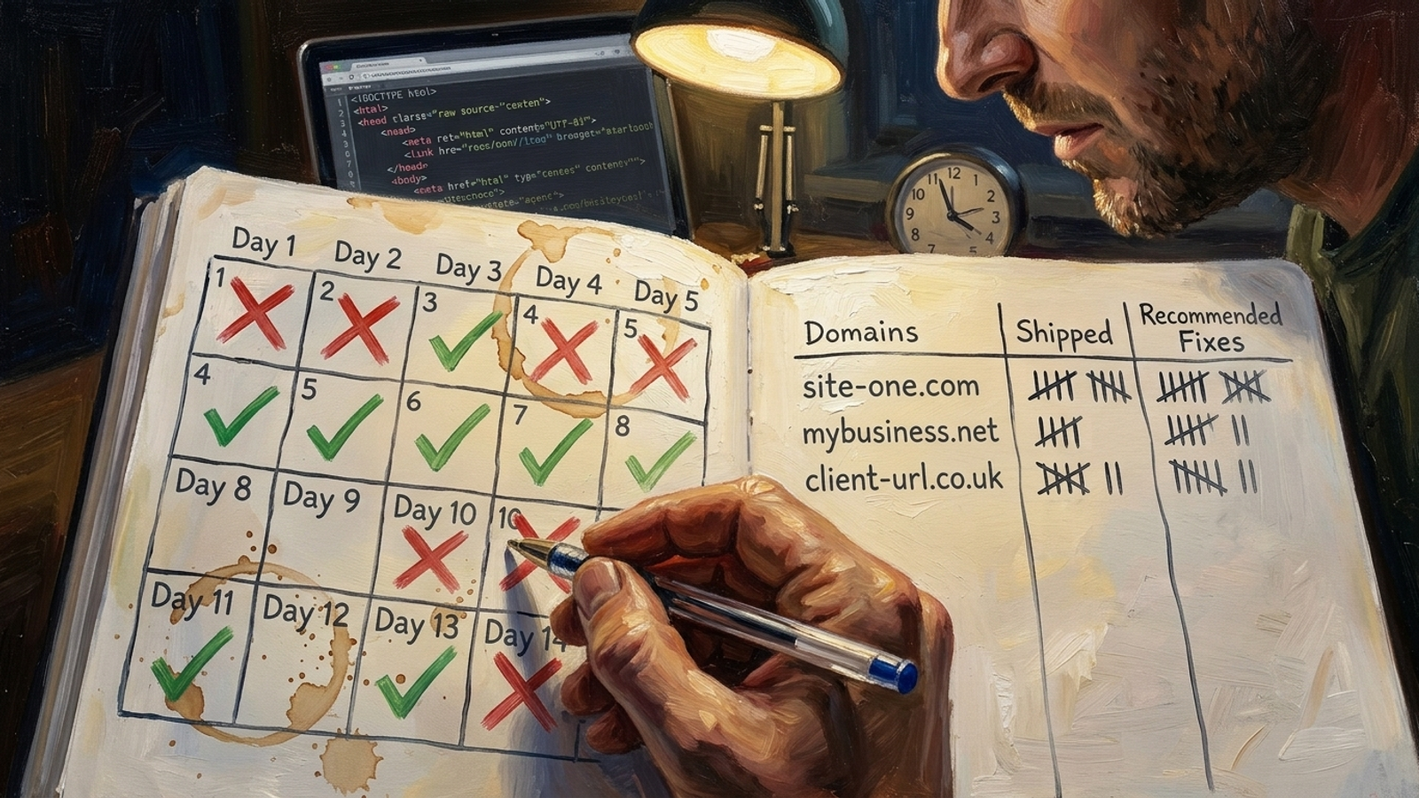 Lab notebook calendar marking live-fix checks across 14 days and three domains