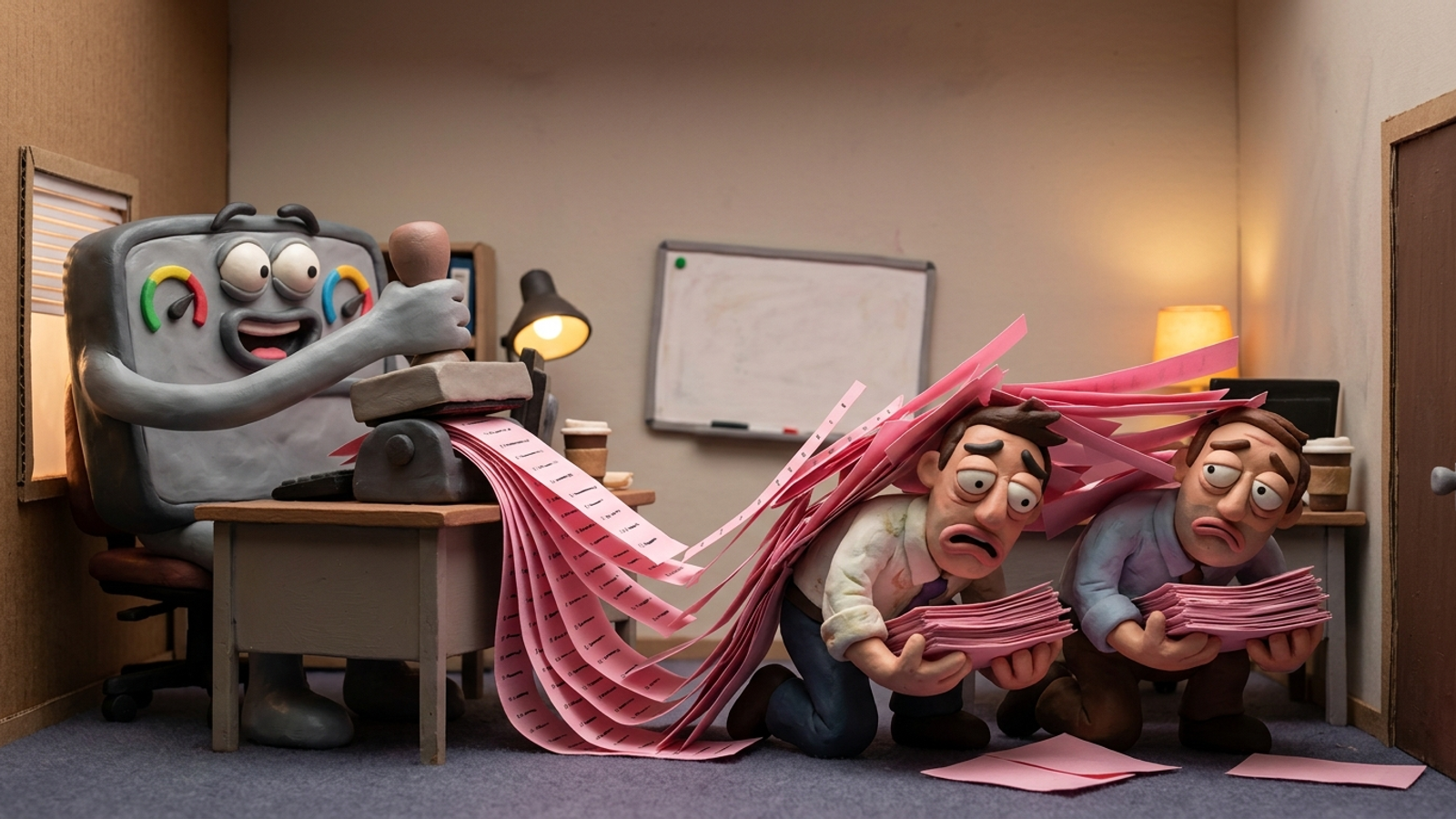 Claymation dashboard handing a paper task list to an agency team