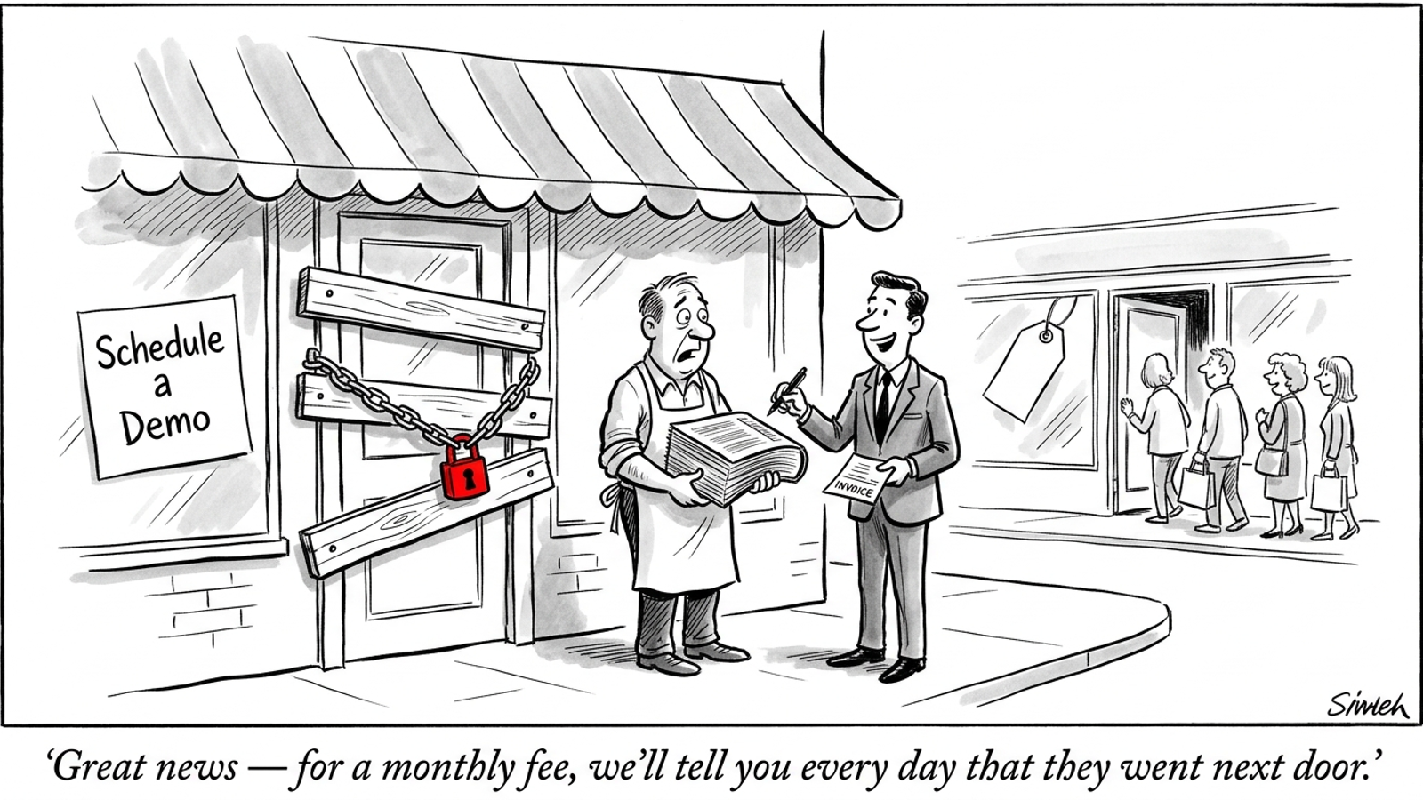 Cartoon of a consultant handing a shopkeeper a thick report while his own door is boarded shut and customers walk into the rival shop across the street.