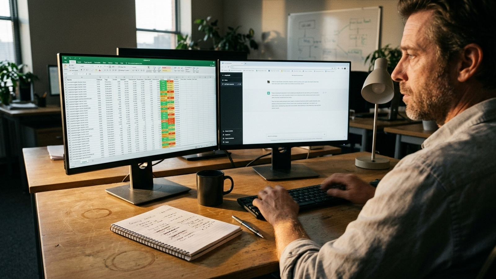 A marketer audits AI search answers in a spreadsheet beside an open browser window.
