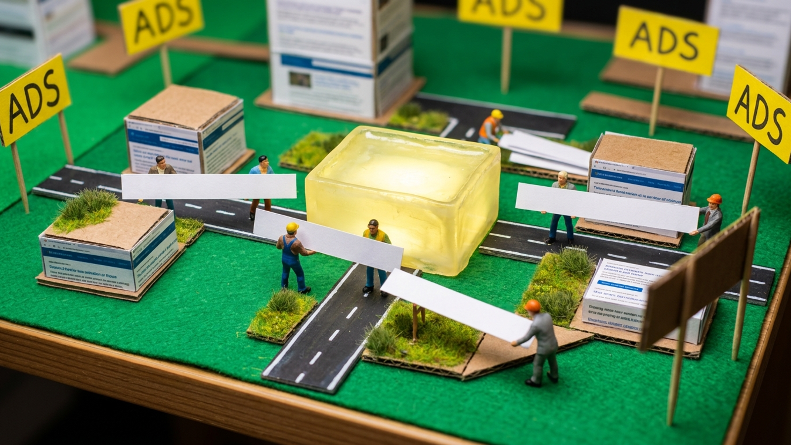 Tiny workers building a cited answer from plain web pages while ad billboards rise