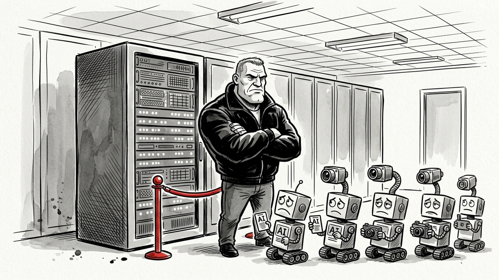 A bouncer holds a tiny velvet rope in front of a server rack while AI bots queue outside