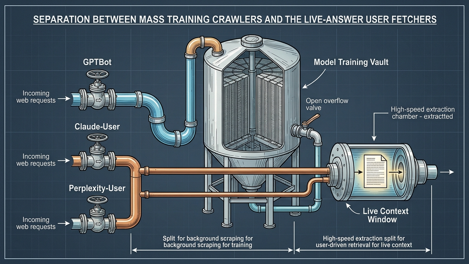 Cutaway diagram separating AI training crawlers from live-answer fetchers.