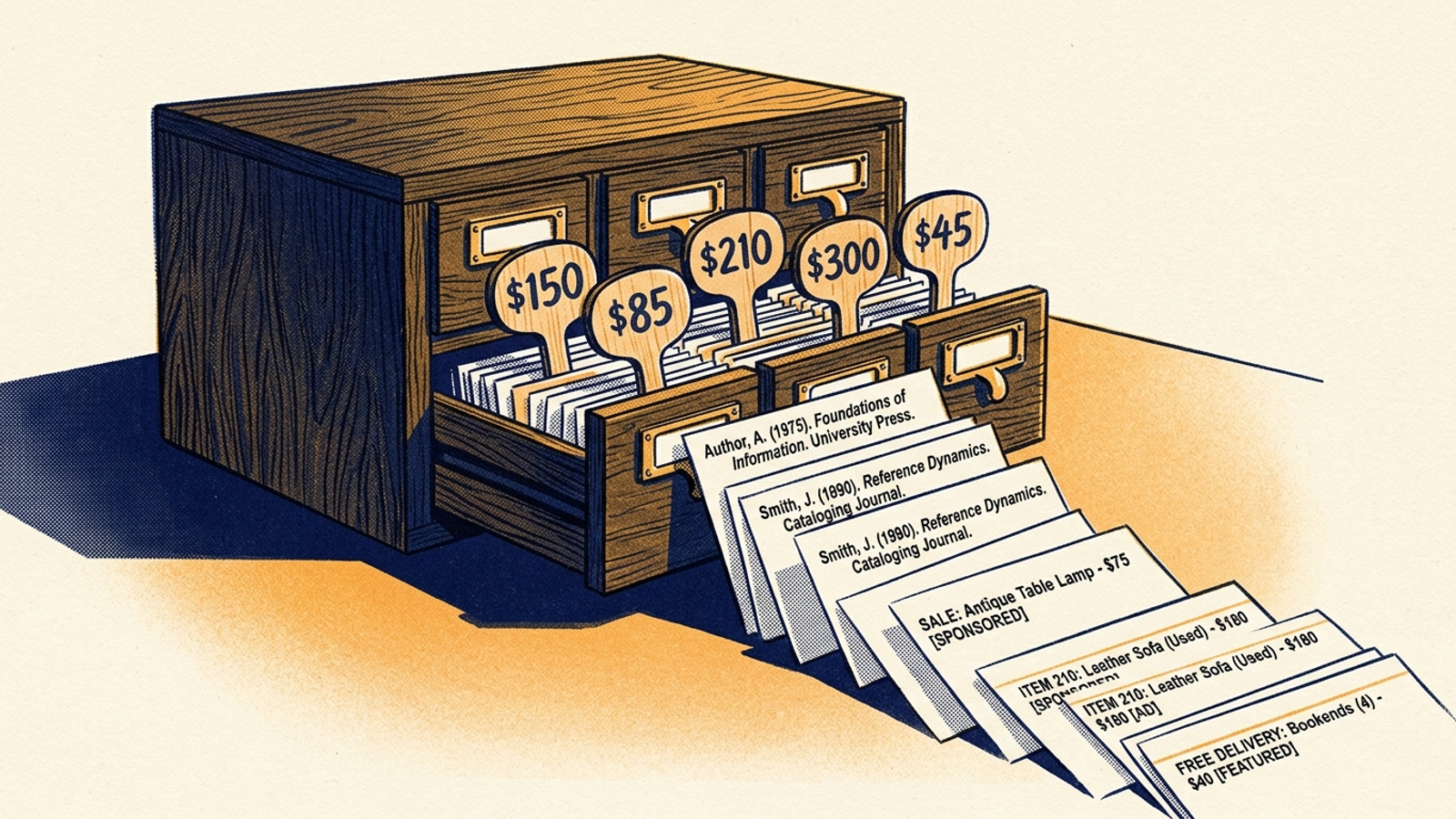 Illustration of library index cards turning into auction paddles.
