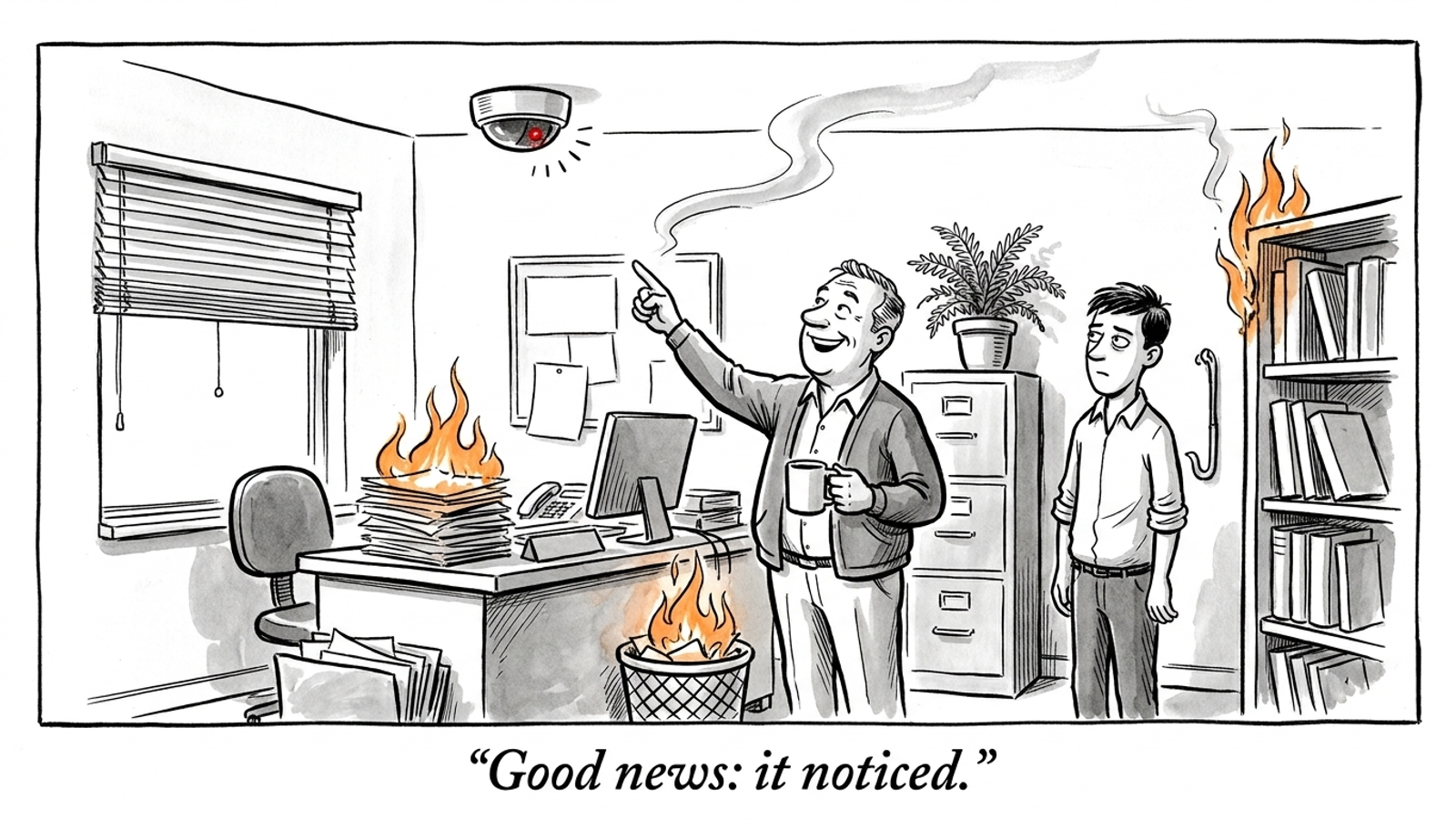 Cartoon of a proud owner pointing at a beeping ceiling monitor while the office calmly burns, captioned “Good news: it noticed” — tracking isn’t fixing.