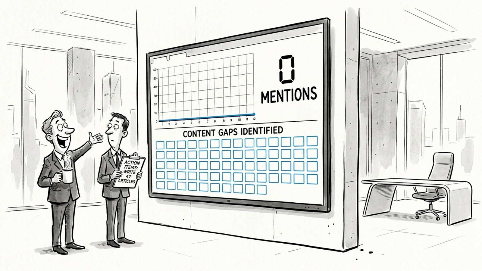 Cartoon of two marketers facing a dashboard of red zeros and 47 color-coded prompt gaps.