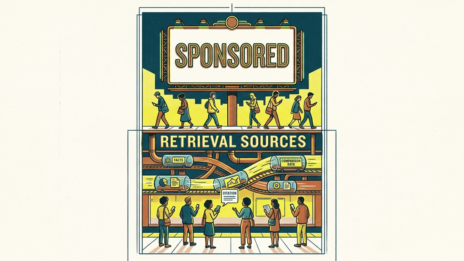 Illustration of a sponsored billboard above a network of data tubes carrying sources to an AI answer