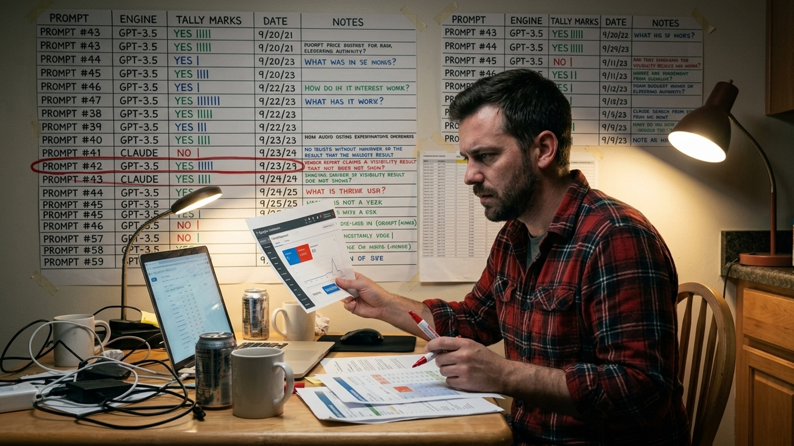 Marketer comparing a vendor scorecard with a spreadsheet of prompt-test results