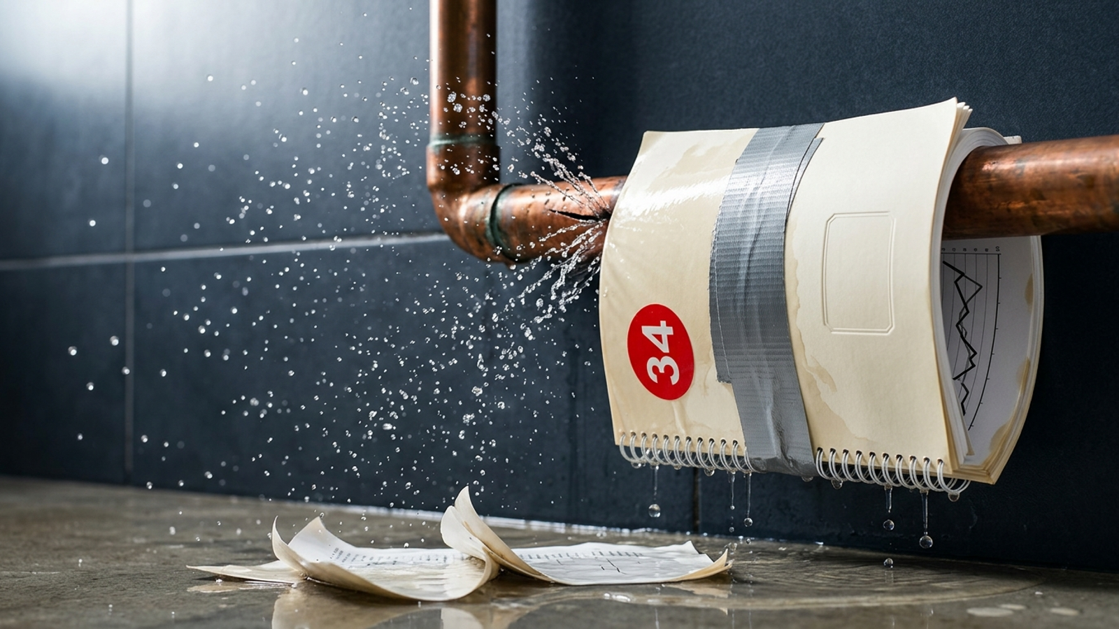 A burst copper pipe sprays water through a glossy report taped around it as a bandage: the report diagnoses the leak but fixes nothing.
