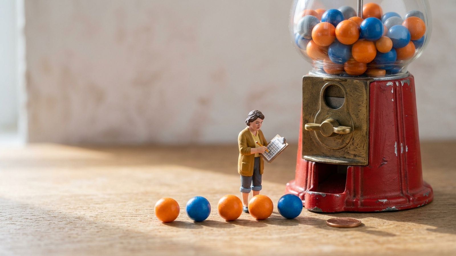 A tiny model woman tallies five gumballs from a giant machine, some orange, some blue: the same question gives different answers, so you track the rate.