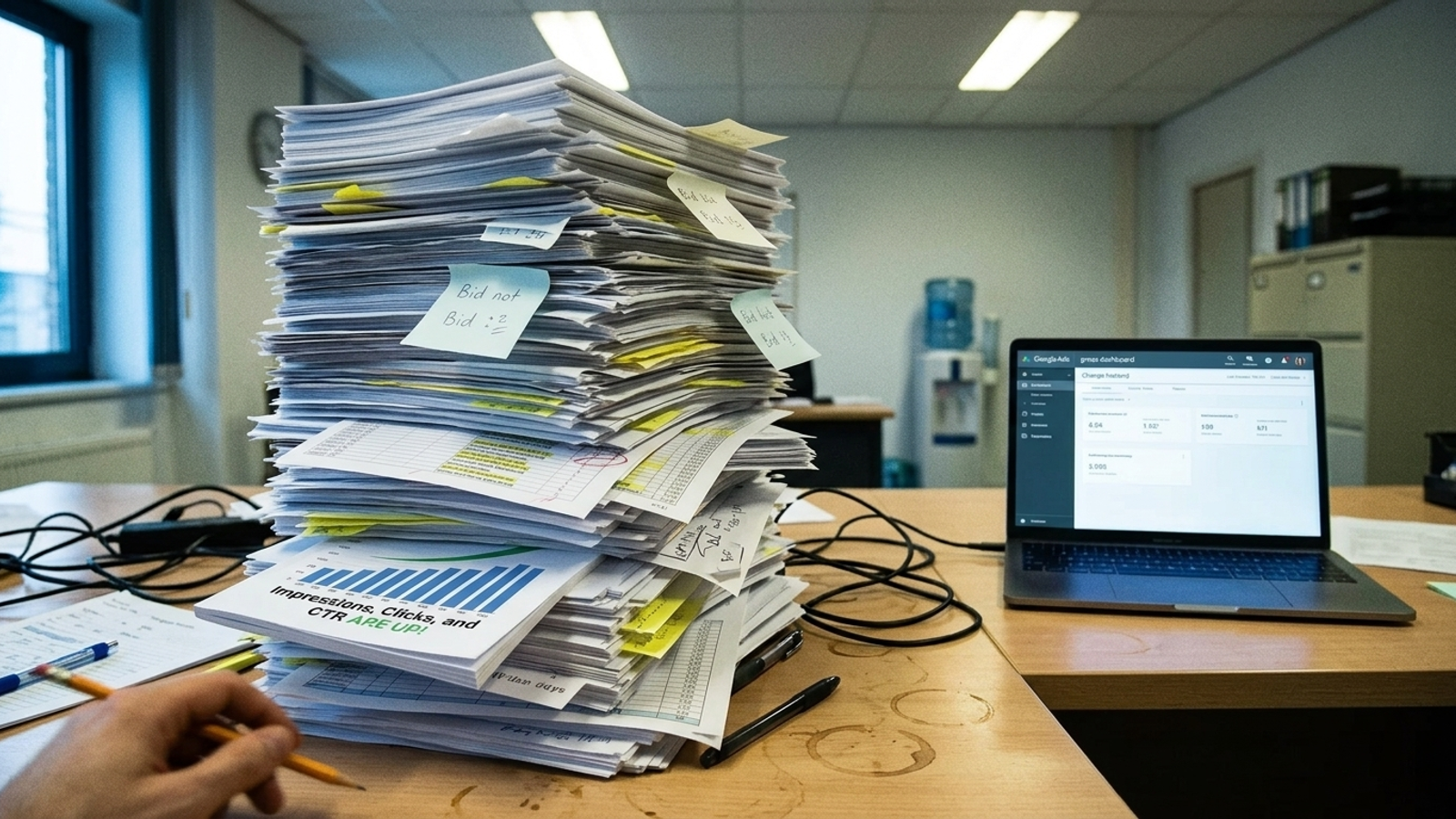 Paper bid sheets beside a laptop running ads