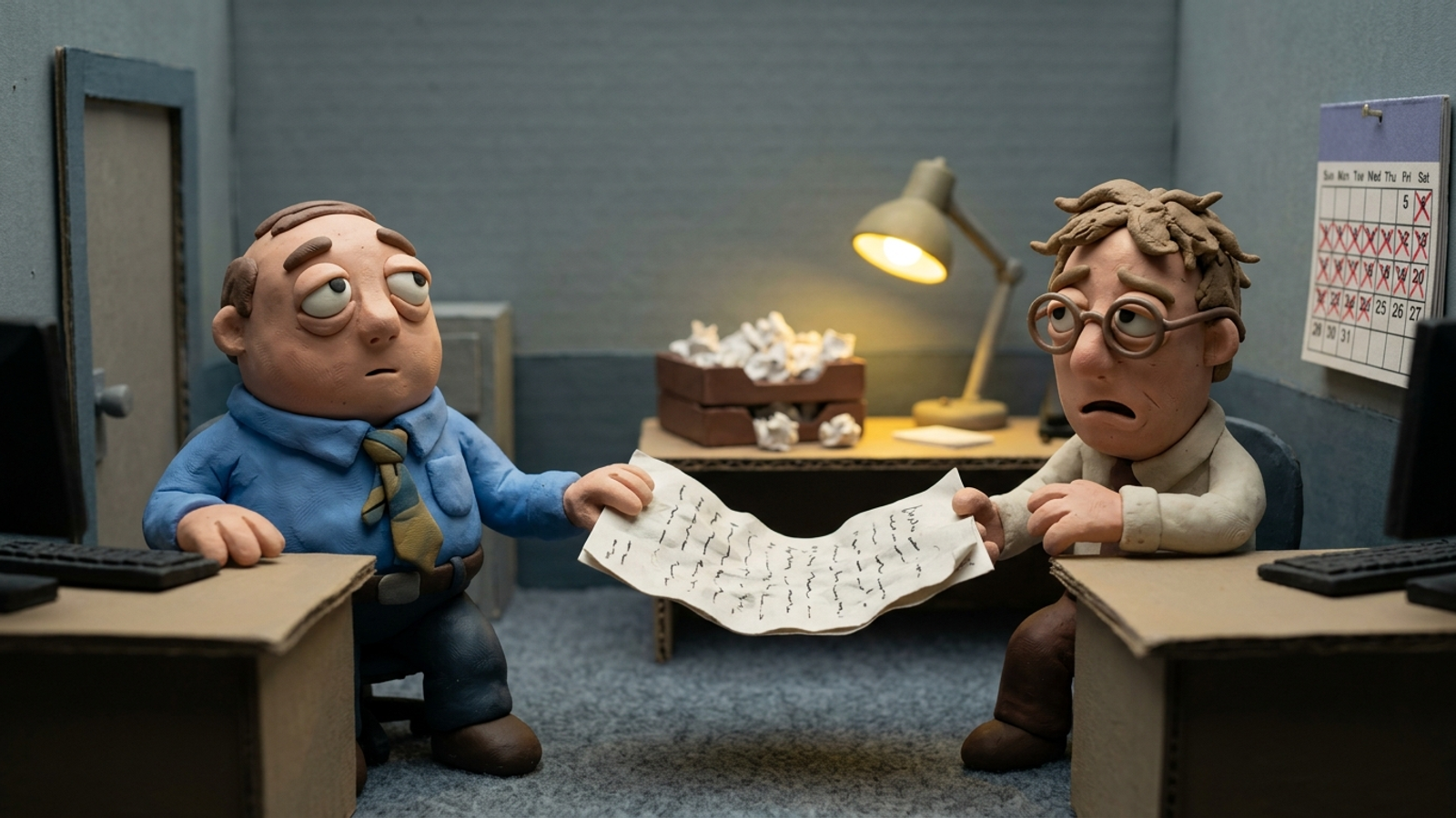 Clay figures passing a document back and forth across desks