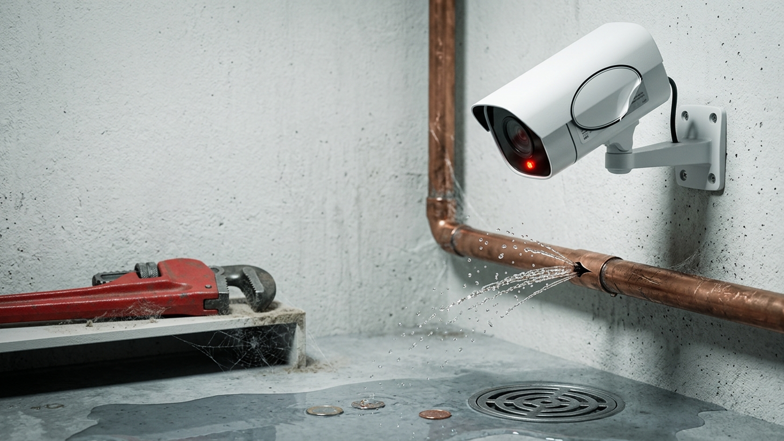 A rebadged security camera with a red recording light watches a burst pipe flood the floor while a dusty wrench sits unused: monitoring sold instead of fixing.